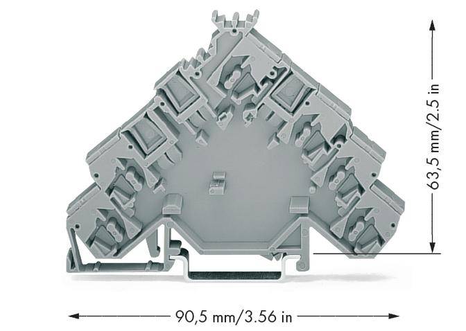 Dreieckiger grauer Klemmenblock mit zwei Maßangaben: Breite 90,5 mm (3,56 in) und Höhe 63,5 mm (2,5 in).
