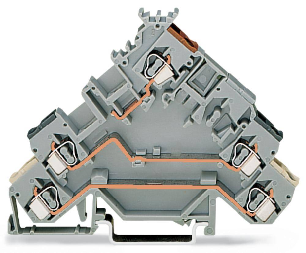 Ein grauer elektrischer Klemmenblock zur Verbindung von Drähten. Zeigt komplexe innere Struktur mit mehreren Anschlussmöglichkeiten.