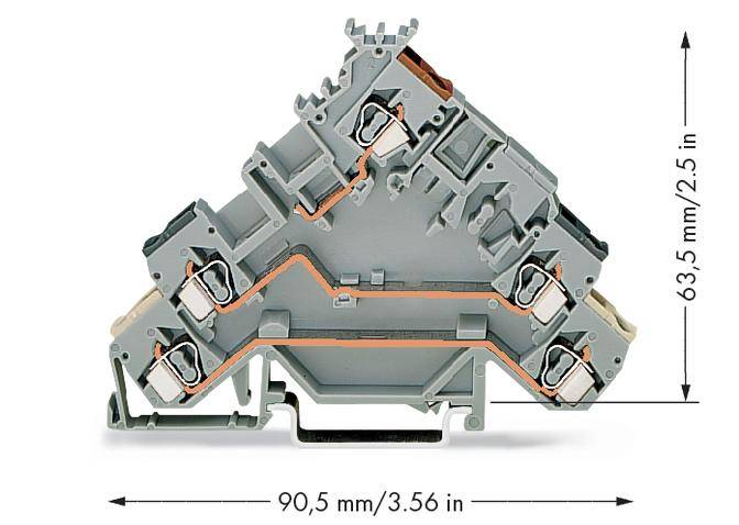 Ein grau-oranger Reihenklemmenadapter auf weißem Hintergrund. Abmessungen: 90,5 mm breit, 63,5 mm hoch. Elektrische Kontakte sichtbar.