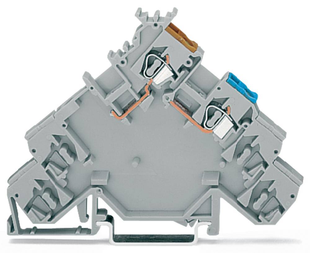 Dreistöckige graue Klemme mit blauer und brauner Markierung, Seitenansicht. Verwendet für elektrische Verbindungen in Schaltschränken.