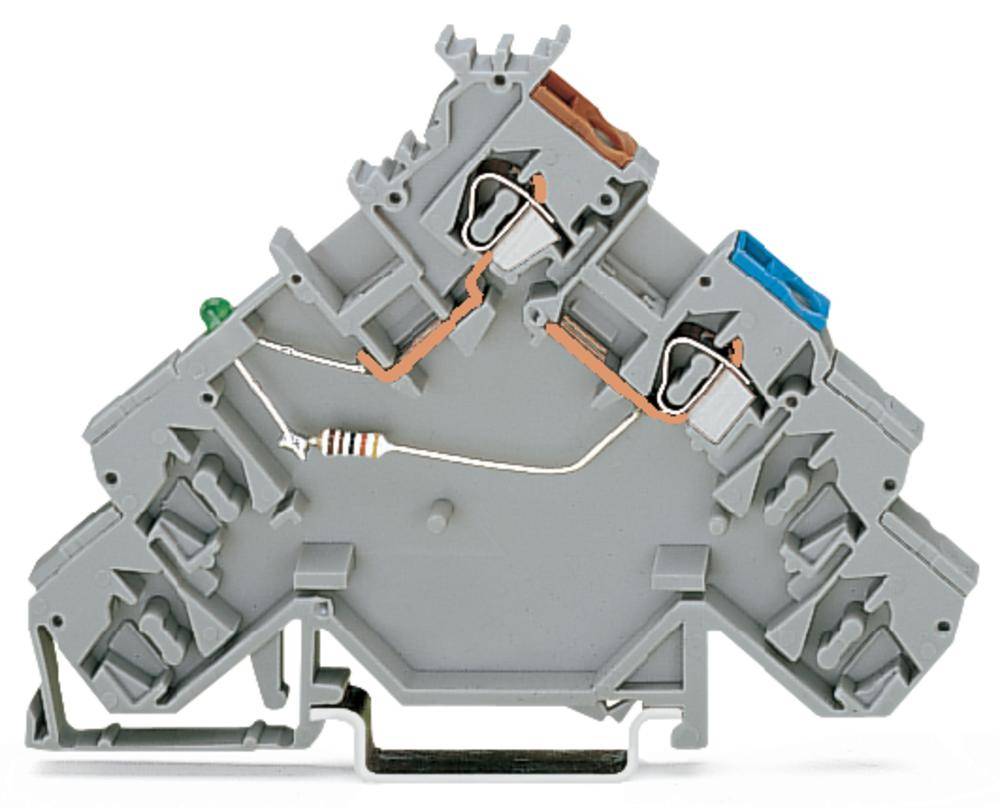 Ein grauer elektrischer Leiteranschluss zeigt mehrere Verbindungen und eine sichtbare Widerstandseinheit in der Mitte.