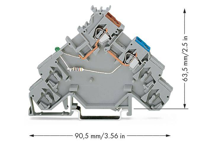 Graue elektrische Anschlussklemme mit Widerstand, Abmessungen: 90,5 mm x 63,5 mm (3,56 x 2,5 Zoll).