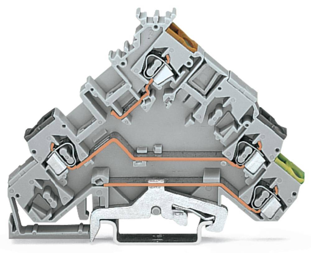 Reihenklemme mit mehreren Anschlussmöglichkeiten und orangenen internen Verbindungen. Typisch für industrielle Elektroinstallationen.