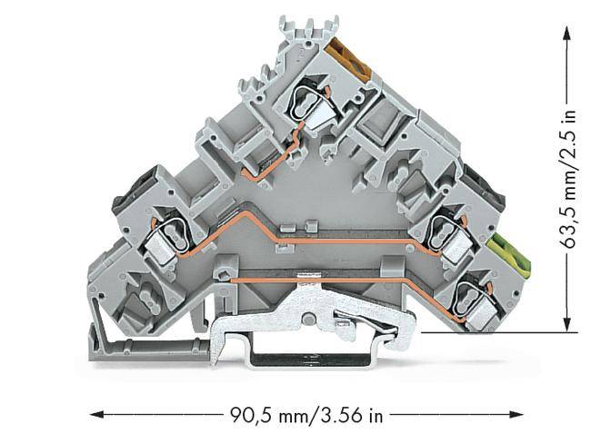 Ein grauer elektrischer Anschlussblock mit Abmessungen: 90,5 mm (3,56 Zoll) breit und 63,5 mm (2,5 Zoll) hoch.