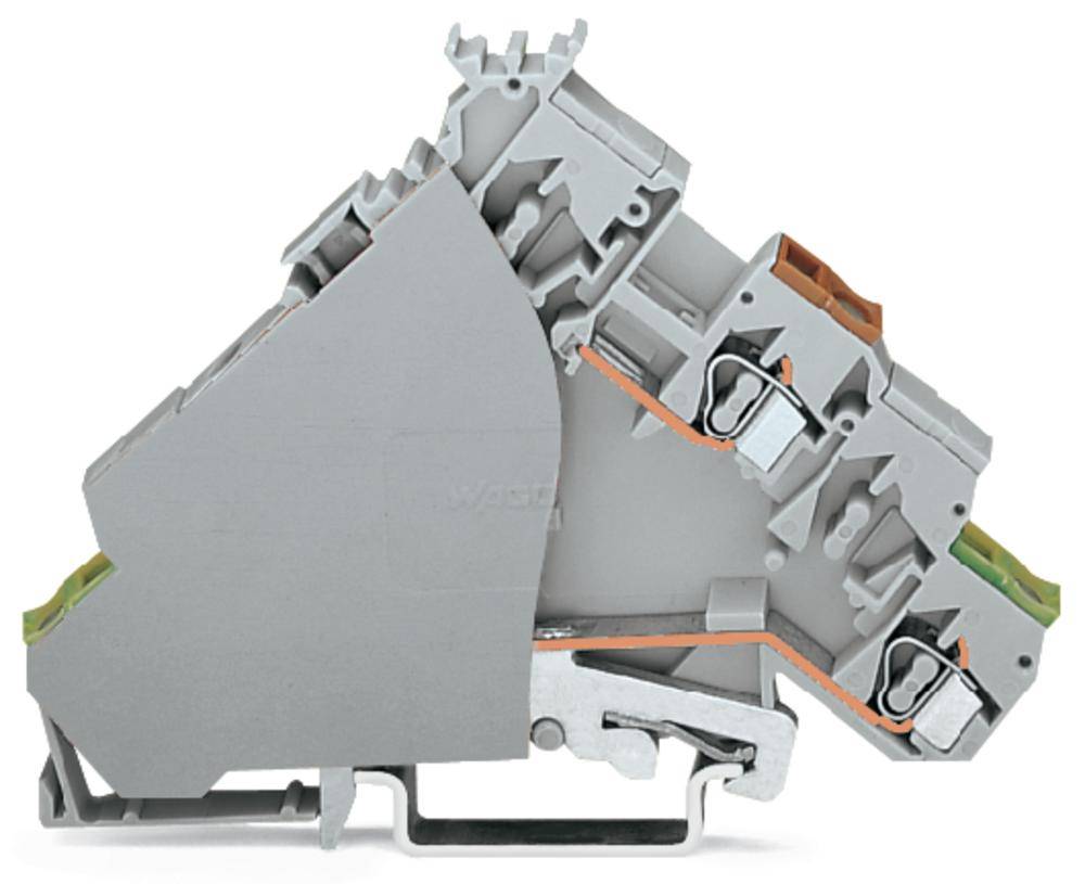 Industrierelais in seitlicher Ansicht mit grauem Gehäuse und metallischen Klemmen, geeignet für elektrische Verdrahtungen und Schaltungen.