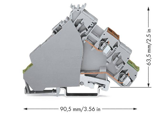 Grauer elektrischer Klemmenblock mit Maßen: 90,5 mm Breite und 63,5 mm Höhe. Zwei seitliche Hebel und Verbindungen sichtbar.