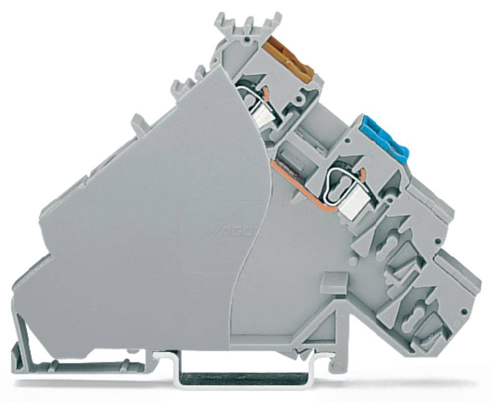Seitenansicht einer grauen Doppelstockklemme mit blauen und braunen Komponenten, verwendet für elektrische Anschlüsse.
