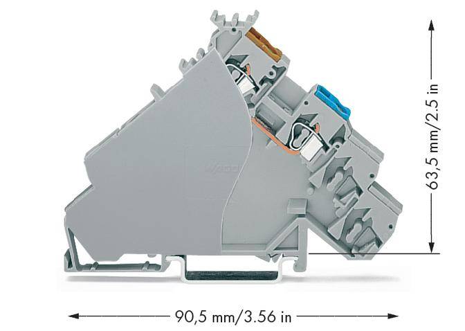 Seitlicher Blick auf einen zweistöckigen Klemmenblock mit Abmaßen 90,5 mm x 63,5 mm (3,56 in x 2,5 in).