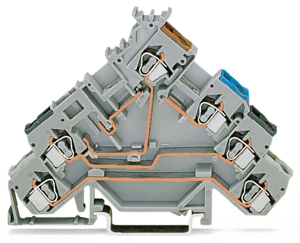 Graue elektrische Klemme mit mehreren Anschlusspunkten, farbcodierten Einsätzen und Kupferverbindungen, dient zum Verbinden von Kabeln.