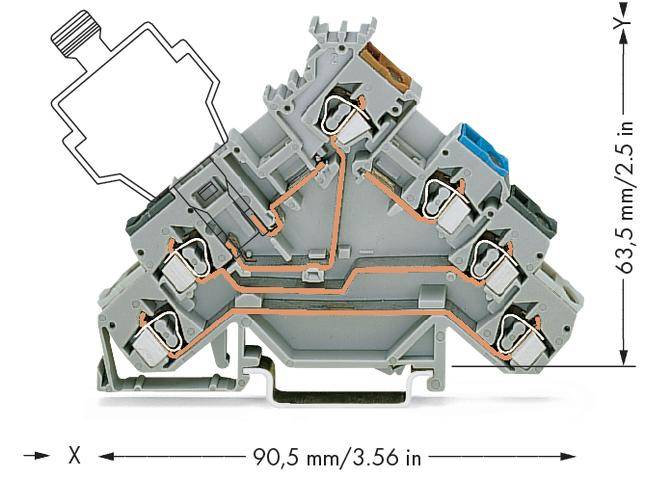 Elektrische Steckverbindung mit den Maßen 90,5 mm x 63,5 mm. Queransicht zeigt interne Klemmen und Drahtanschlüsse.