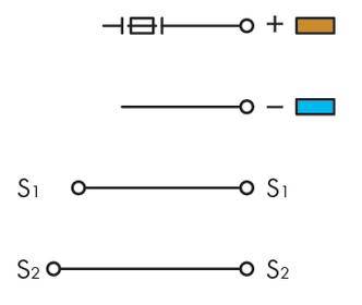 Schaltschema eines einfachen Stromkreises mit Batterie, Schalter S1 und S2, Plus- und Minuspolen, und Widerstand.