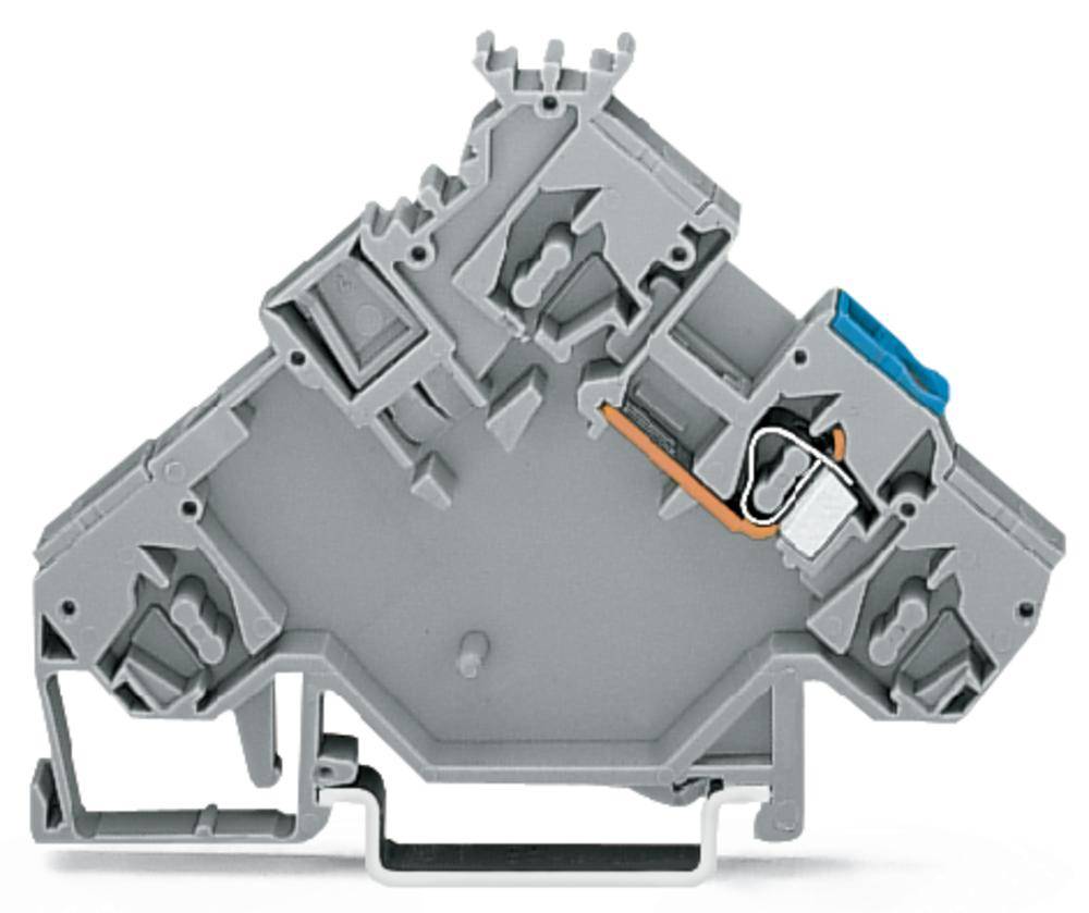 Graue elektrische Klemme mit mehrstufigem Design und blauer Komponente, verwendet in elektrischen Anschlüssen für industrielle Anwendungen.