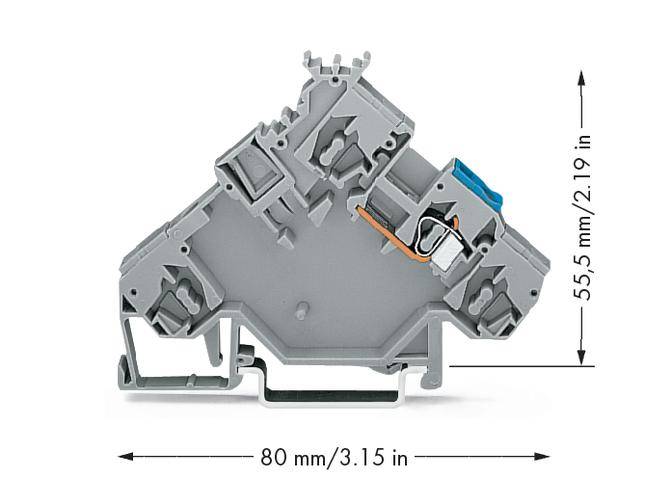 Eine graue Verteilerklemme mit Abmessungen 80 mm x 55,5 mm. Die Klemme verfügt über mehrere Anschlüsse und ist mit einem blauen Teil versehen.