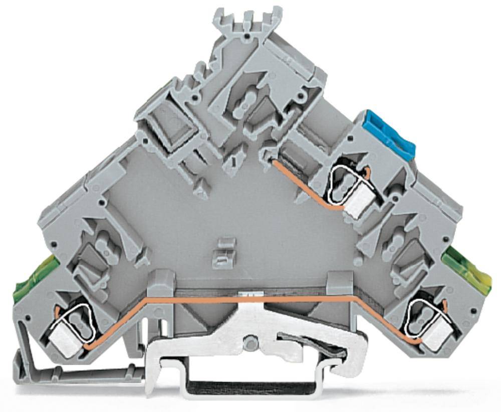 Ein grauer, dreieckiger elektrischer Verteilerblock mit klemmenartigen Anschlüssen.