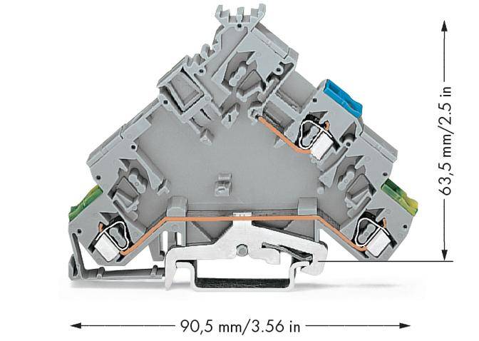 Dreieckiger elektrischer Klemmenblock mit Maßen: Breite 90,5 mm (3,56 Zoll), Höhe 63,5 mm (2,5 Zoll).