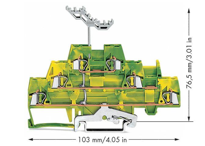 Querschnitt eines grünen Installationsmaterials mit gelben Elementen, zeigt Maße 103 mm x 76,5 mm.