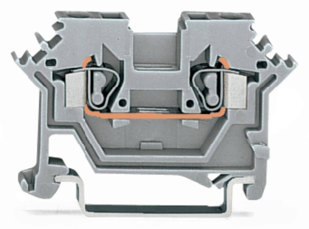 Ein grauer Klemmbock mit Metallkontakten und orangefarbenem Isolationsbereich, zur elektrischen Verbindung von Drähten.