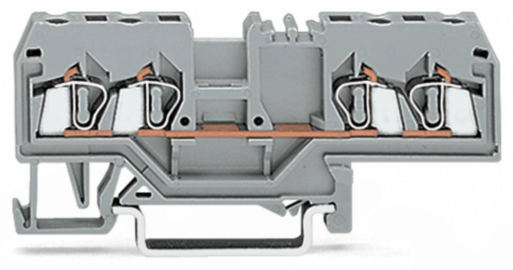 Graue elektrische Klemmenleiste, Querschnittansicht mit Metallverbindungen innen. Geeignet für Verdrahtung in elektrischen Schaltschränken.