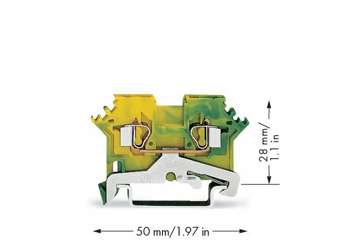 Ein gelber und grüner elektrischer Anschlussblock, 50 mm breit und 28 mm hoch, mit Metallkomponenten für die Kabelbefestigung.