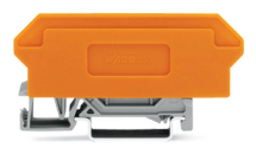 Ein orangefarbener Kunststoffhalter ist an einem silbernen Metallclip befestigt.