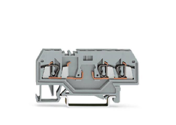 Grauer Reihenklemmenblock mit mehreren Anschlussstellen und Metallklemmen zur elektrischen Verbindung in elektrischen Systemen.