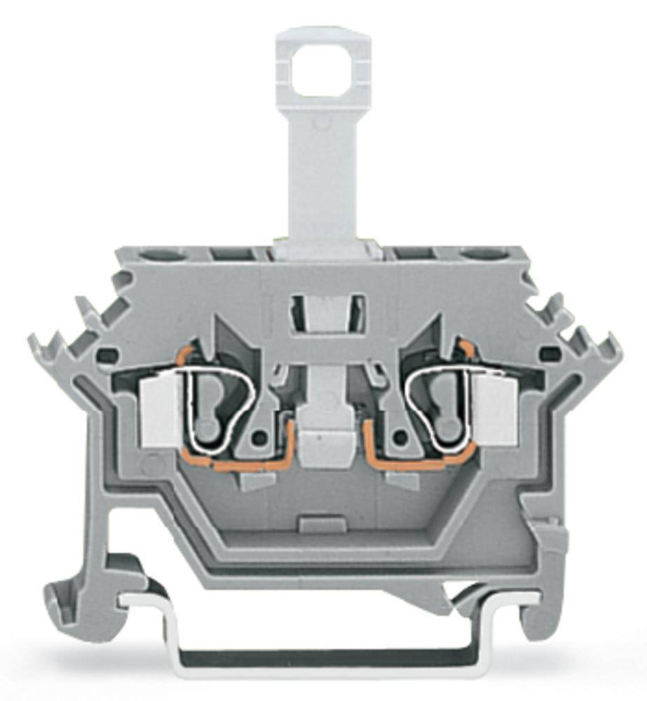 Grauer elektrischer Reihenklemme mit zwei internen Klemmen und einer oberen Haltevorrichtung. Rechteckige Form mit symmetrischem Design.