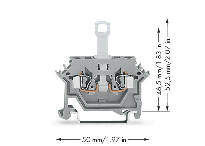 Graues Klemmengehäuse mit Maßen: 50 mm Breite, 46,5 mm bzw. 52,5 mm Höhe. Eignet sich für elektronische Schaltkreise.