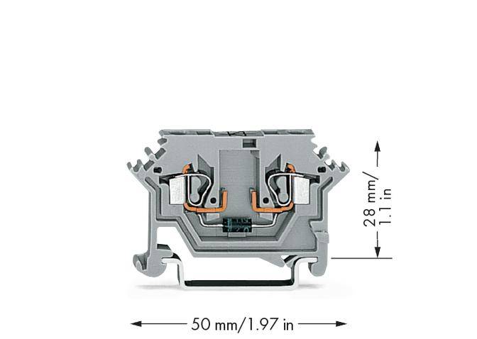 Industrieklemmenblock, grau, 50 mm breit, 28 mm hoch, zeigt interne elektrische Anschlüsse und metallische Kontakte.