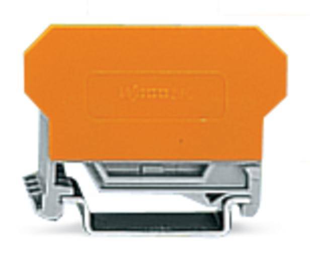 Ein orangefarbener elektrischer Steckverbinder, der auf eine silberne Schiene montiert ist, wird gezeigt.