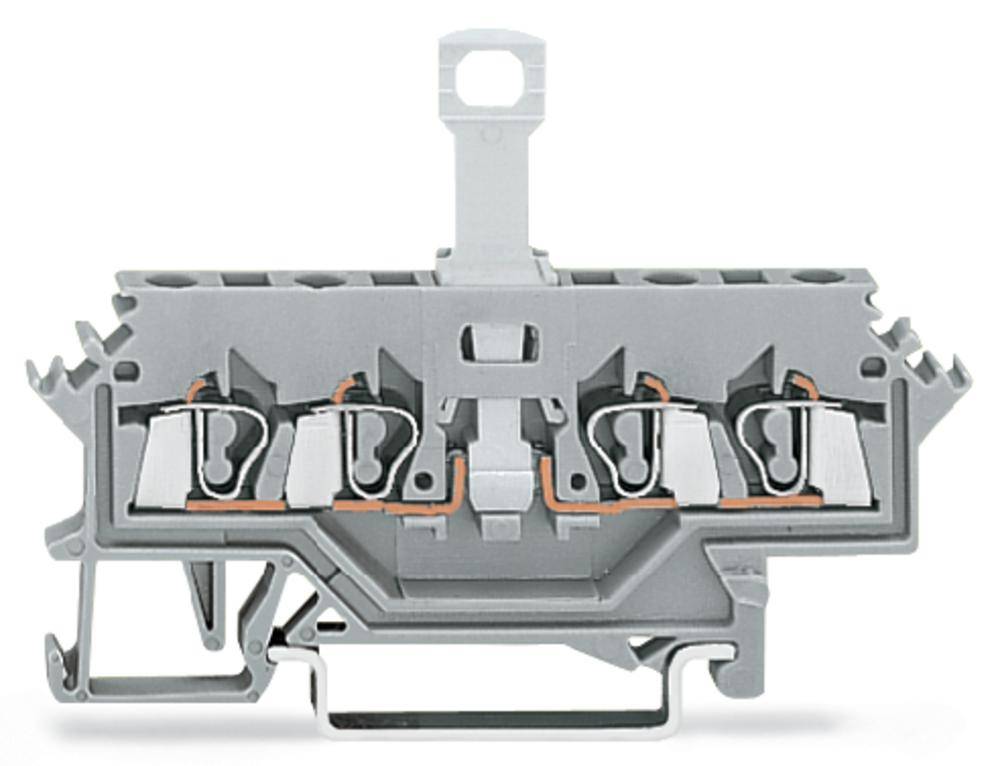 Grau-orange Klemmenblock mit elektrisch leitenden Elementen in symmetrischer Anordnung für die sichere Verbindung elektrischer Kabel.