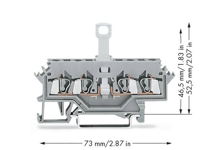 Querschnitt einer elektrischen Klemme mit integrierten Anschlüssen und Abmessungen: Höhe 46,5 mm, Breite 73 mm, Tiefe 52,5 mm.
