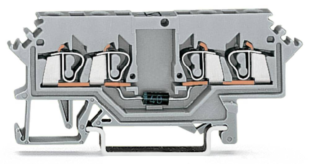 Ein grauer Reihenklemmverbinder mit vier Anschlussstellen und einer Durchgangsbauweise, zur Verbindung elektrischer Leiter.
