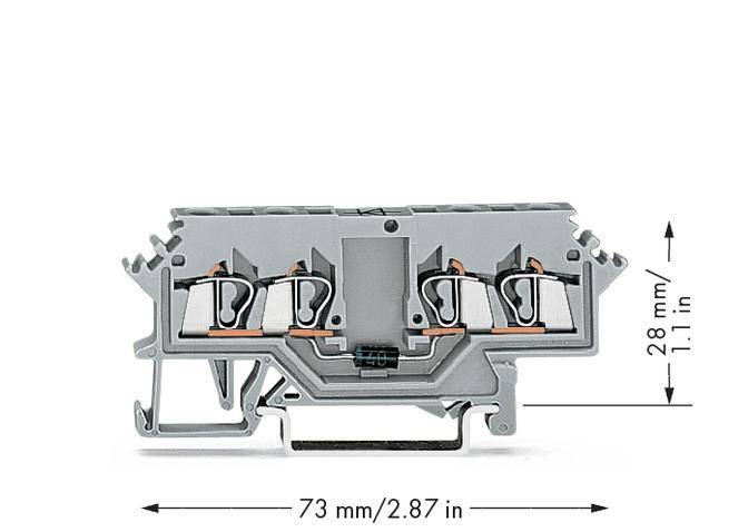 Graue elektrische Klemme mit einer Breite von 73 mm und einer Höhe von 28 mm, seitliche Verbindungspunkte sichtbar.