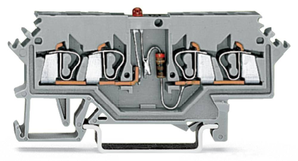 Querschnitt eines grauen elektrotechnischen Bauteils mit Kupferleitungen und einer roten Komponente in der Mitte.
