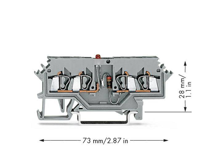 Graues Elektroklemmensystem mit roten Schaltern, Querschnittsmaß von 73 mm (2,87 in) Breite und 28 mm (1,1 in) Höhe.