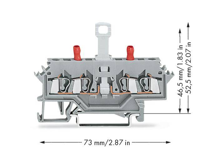 Zweistöckige Reihenklemme mit Abmessungen: Breite 73 mm/2,87 in; Höhe 46,5 mm/1,83 in bis 52,5 mm/2,07 in. Enthält rote Anschlüsse.