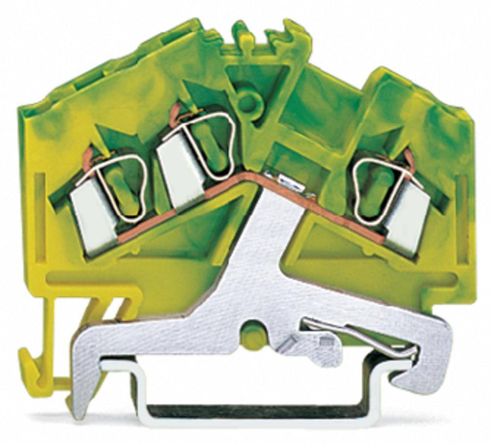 Ein gelb-grüner Reihenklemmensatz, geeignet für die Montage auf einer DIN-Schiene, mit einer metallischen Klemmvorrichtung für elektrische Verbindungen.