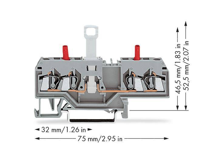 Ein grauer Klemmenblock mit doppelseitigen Klemmanschlüssen, roten Markierungen oben. Maße: 32 mm Breite, 75 mm Länge, 46,5 mm bis 52,5 mm Höhe.
