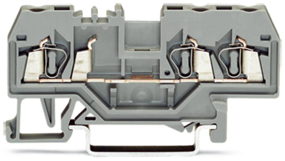 Grauer elektrischer Klemmblock mit mehreren Anschlussstellen für Kabelverbindungen, zeigt metallische Kontakte und Kunststoffgehäuse.