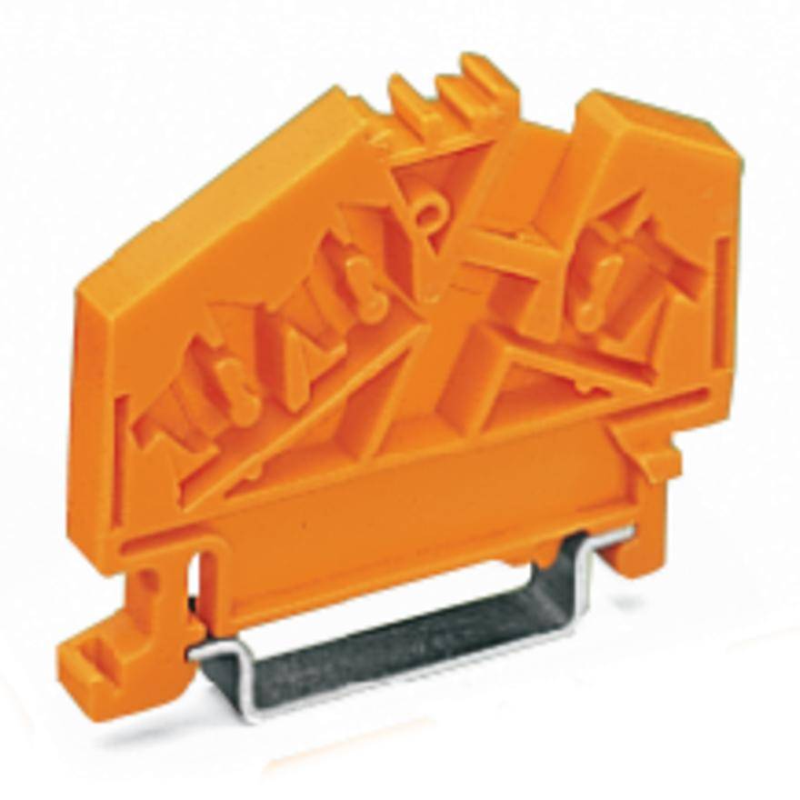 Ein orangefarbener, komplexer Kunststoffteil mit Metallklammer, möglicherweise ein elektrisches Bauteil für industrielle Anwendungen.