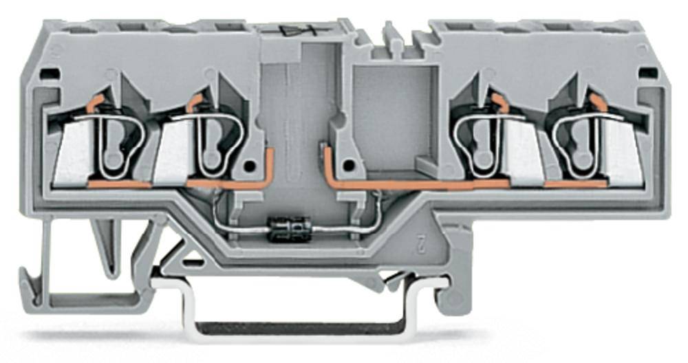 Ein elektrisches Steckklemmenmodul im Querschnitt zeigt die internen Metallkontakte und Anschlüsse, die Verbindungen ermöglichen.