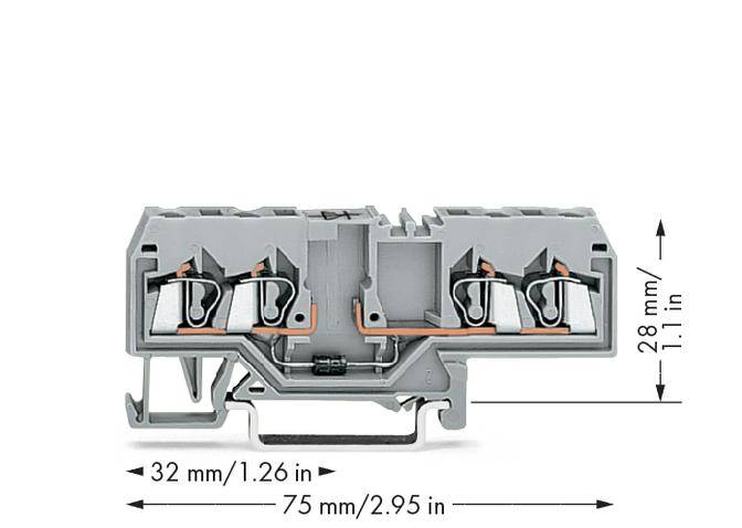 Ein Grauer, rechteckiger elektrischer Anschlussblock mit vier Klemmen, Pfeile zeigen Maße: Breite 75 mm, Höhe 28 mm, Tiefe 32 mm.