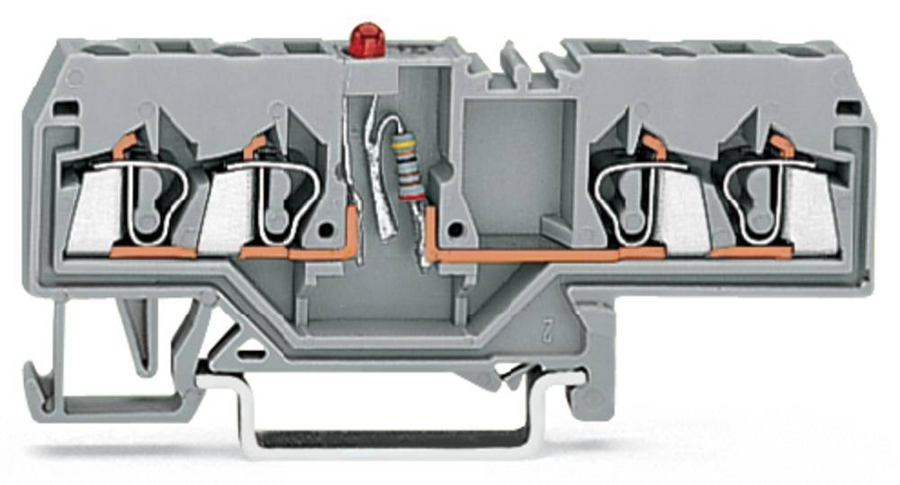 Grauer elektrischer Anschlussblock mit mehreren Klemmen und einem roten Bauteil oben; geeignet für strukturierte Verkabelung.