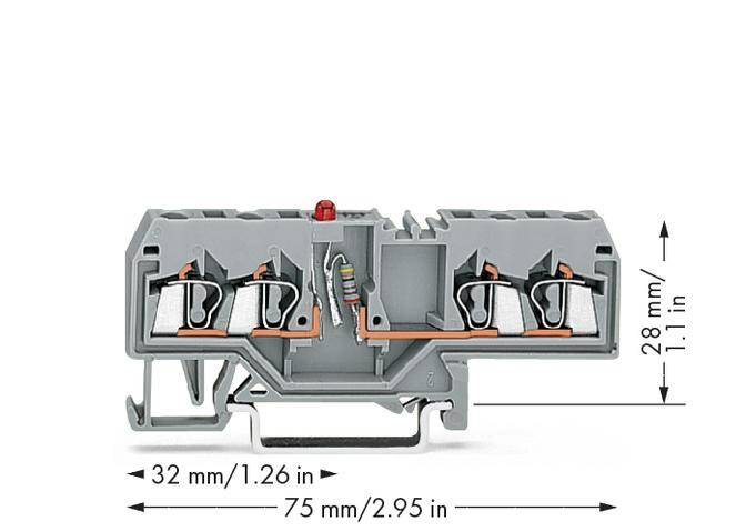 Abgebildet ist eine graue Klemmschiene mit roten und grauen Bauteilen. Maße sind 32 mm hoch, 75 mm breit und 28 mm tief.