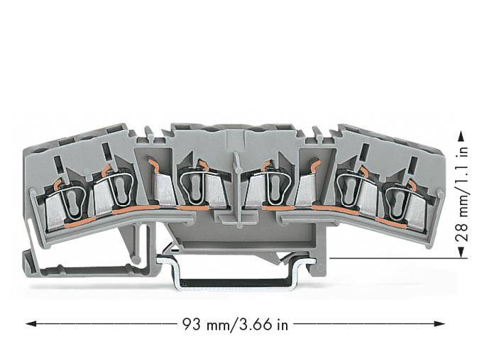 Klemmblock mit fünf Anschlussstellen, graues Gehäuse, horizontale Wellenform. Maße: Breite 93 mm, Höhe 28 mm. Wandmontage möglich.