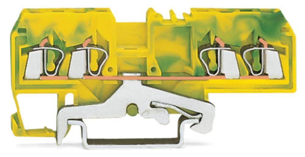 Ein gelb-grüner elektrischer Reihenklemmensockel mit sichtbaren Metallklemmen und Hebeln.