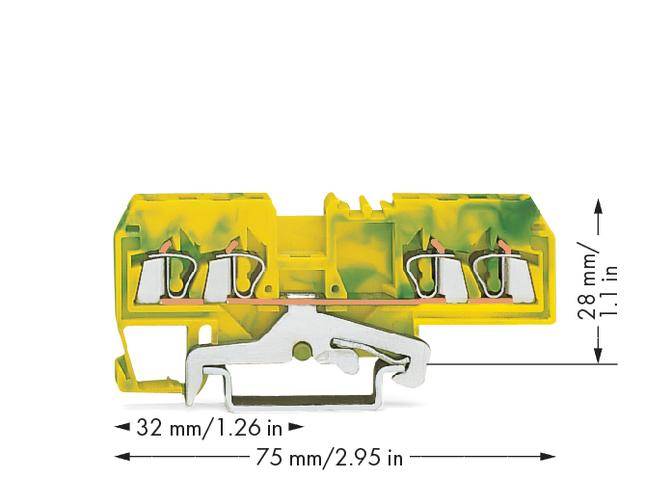 Gelber Elektro-Anschlussblock mit zwei Klemmen. Abmessungen: Breite 32 mm/1,26 in, Länge 75 mm/2,95 in, Höhe 28 mm/1,1 in.