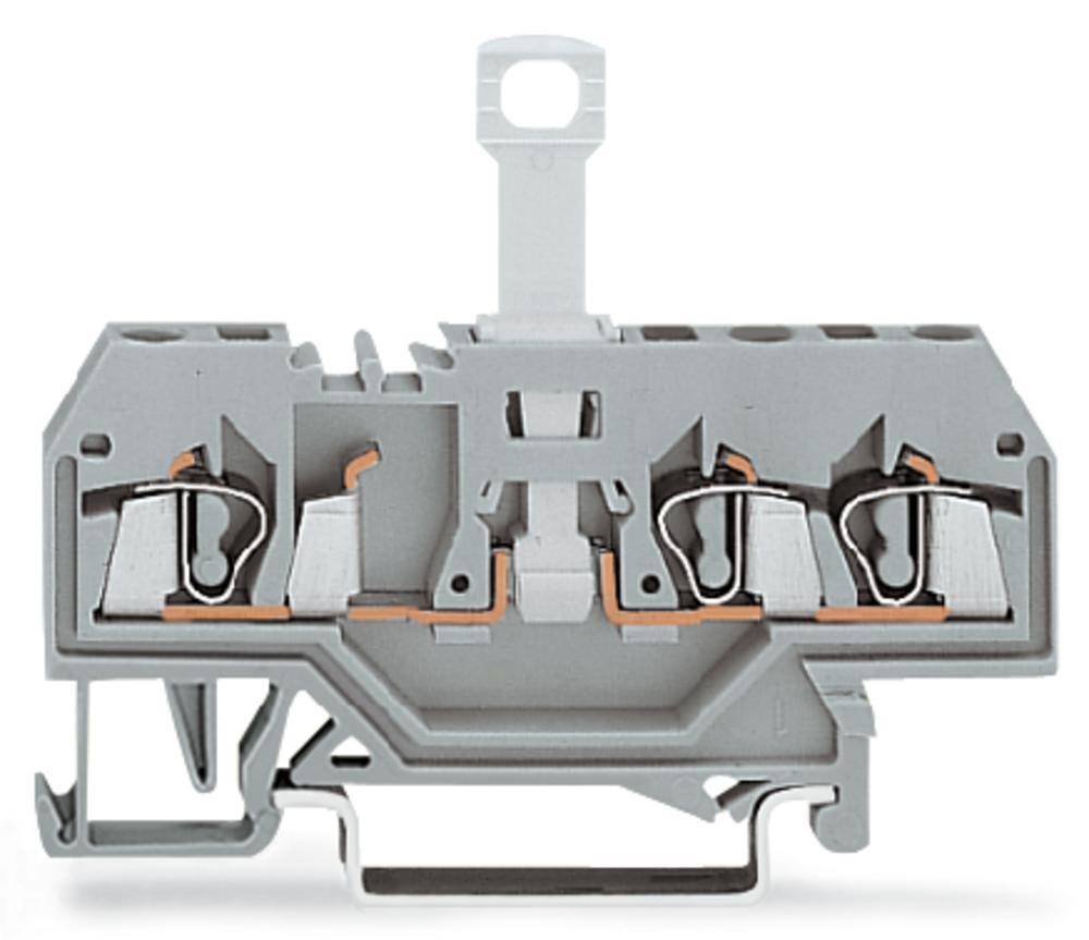 Graues Elektronikklemmteil mit mehreren Anschlussklemmen und Kupferleitern in einer Querschnittansicht.