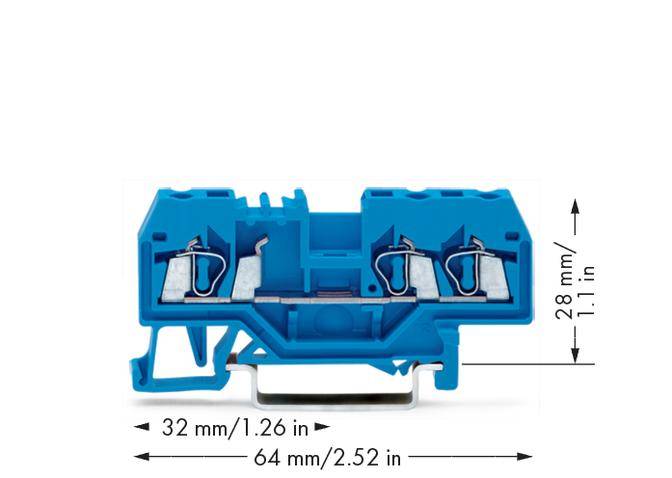 Blauer elektrischer Klemmverbinder mit den Maßen 32 mm x 28 mm x 64 mm, geeignet für den Anschluss von zwei Kabeln.
