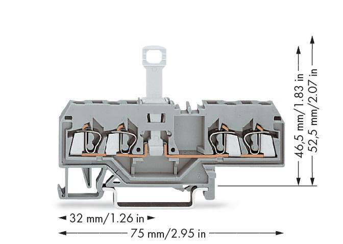 Grauer zweistöckiger Reihenklemmenblock mit Dimensionen: Breite 32 mm, Tiefe 75 mm, Höhe 52,5 mm. Zeigt interne Struktur.